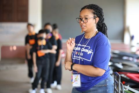 Bowling Green State University third-year mathematics education student DeNae Bumpus, originally from Toledo, teaches during a December Math Camp in Thailand.