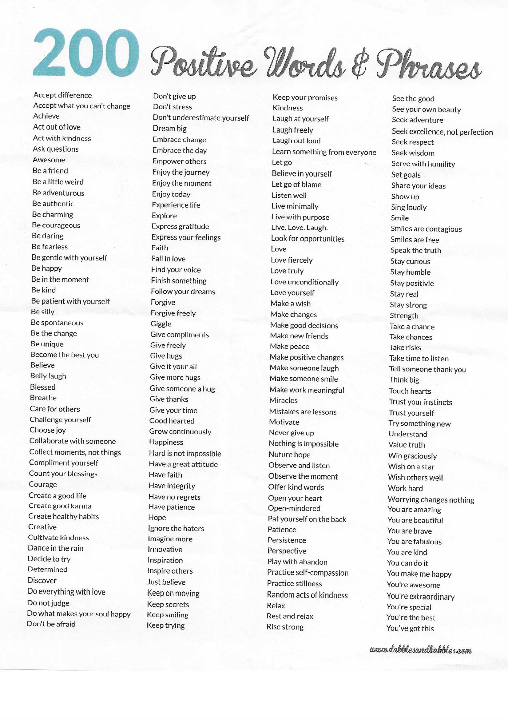 A list of 200 Positive Words & Phrases